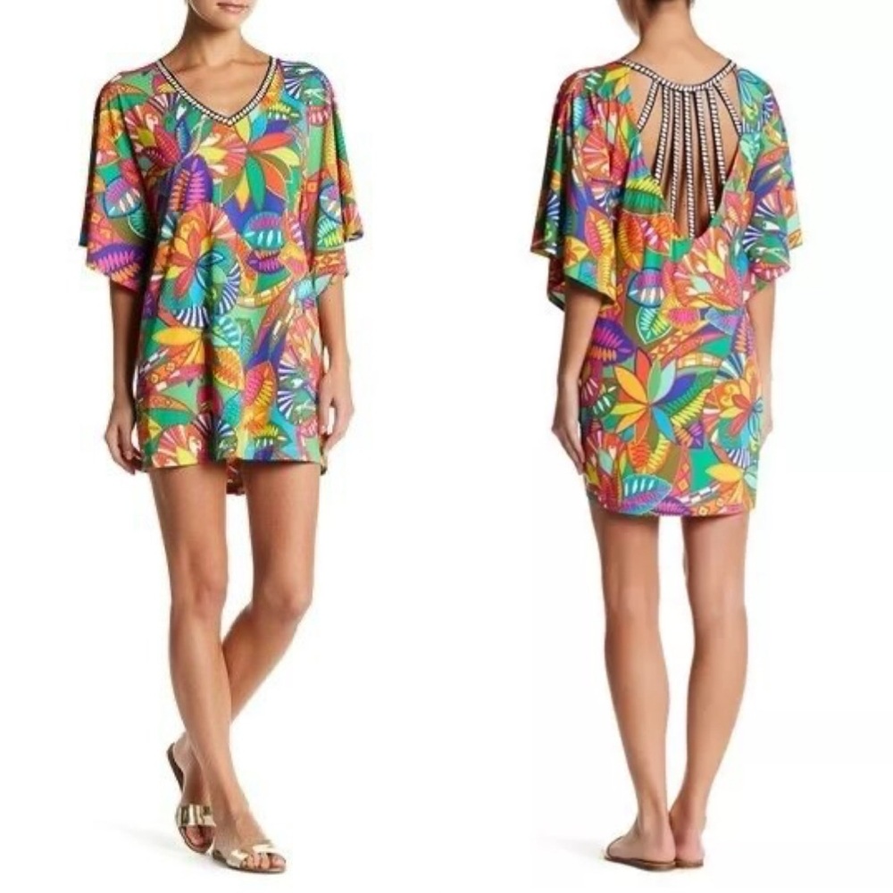 Trina Turk Montezuma Beach Coverup Tunic Dress M Boho Floral Print Cut Out Back - Picture 5 of 16